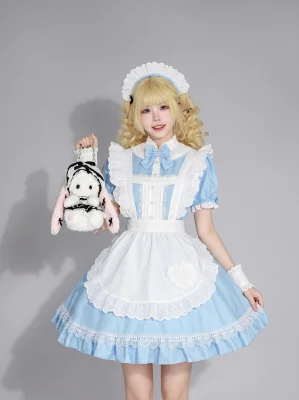 Sweet Alice Blue Maid Costume Eyelet Lace Ruffled Apron Lolita Dress Set