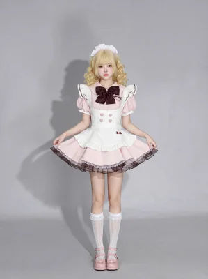 Strawberry Chocolate Maid Costume Heart Buttons Ruffled Apron Lolita Dress Set