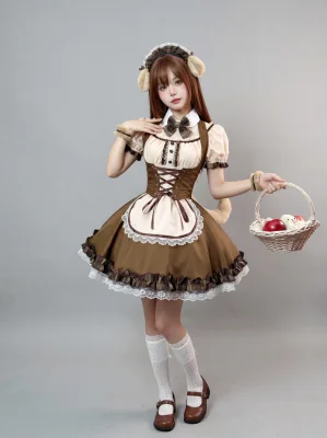 Mocha Brown Plaid Cafe Maid Costume Kawaii Furry Beast Ears Animal Tail Lolita Dress Lace-Up Underbust Corset Vest Outfit