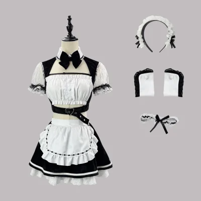 Two-Piece Cutout Gingham Lolita Maid Costume Set with Heart Belt and Leg Ring (S-XL)