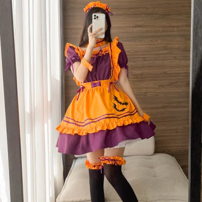 Halloween Theme Maid Uniform Set Orange & Purple Cosplay Dress with Bat Pattern Apron and Accessories (S-5XL)
