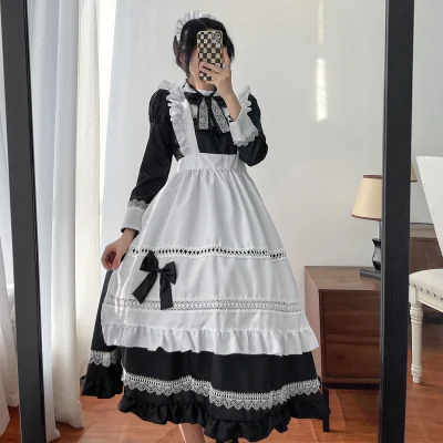 Long-Sleeve Classic Maid Uniform Set Black Long Dress with Ruffled Apron and Bowknot Accessories (S-5XL)