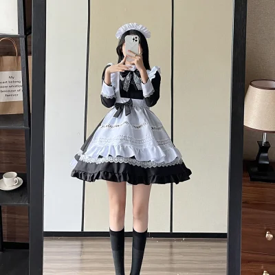 Kawaii Anime Lace Trimmed Maid Costume Layered Ruffle Dress Apron Headband Bowknot 5-Piece Cosplay Uniform Set