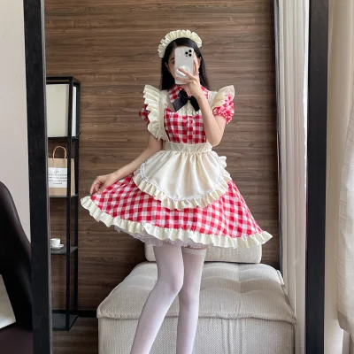 French Red Gingham Plaid Maid Costume Sweet Red White Checkered Dress Scalloped Curvature Apron Ruched Shoulder Wings Lolita Uniform Set