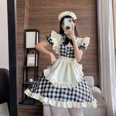 French Gingham Plaid Maid Costume Classic Black White Checkered Dress Scalloped Curvature Apron Ruched Shoulder Wings Lolita Uniform Set