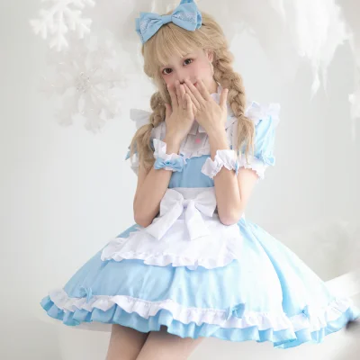 Alice Sky Blue Maid Costume Detachable Bell Long Sleeves Convertible Ruffled Apron Fixed Bowknot Hem Lolita Uniform Dress Set