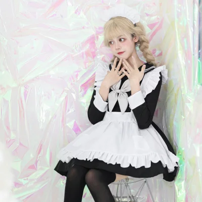 Kawaii Anime Sailor Collar Maid Costume Long Sleeve Black Dress Apron Headband Bowknot 4-Piece Cosplay Uniform Set