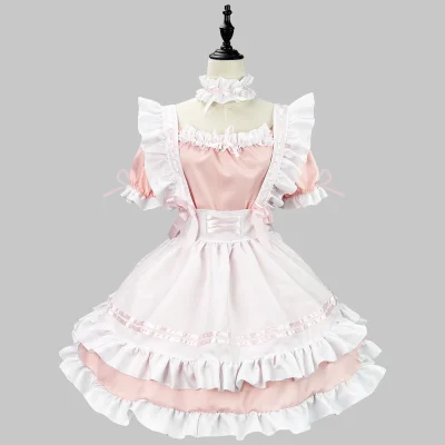 Sweet Pink White Maid Costume Lolita Double Layered Ruffled Hem Lace Up Ribbon Apron Cross Back Uniform Dress Set