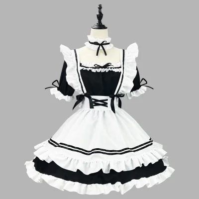 Classic Black White Maid Costume Gothic Lolita Double Layered Ruffled Hem Lace Up Ribbon Apron Cross Back Uniform Dress Set