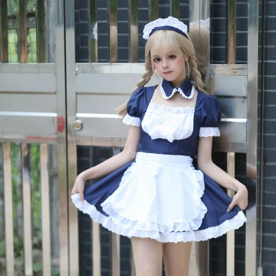 Classic Ruffled Maid Costume Detachable False Collar Heart Shaped Apron Puff Sleeve Lolita Dress Set