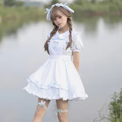 Kawaii Heart Cutout Apron Maid Costume Plush Bunny Ears Headband Ruffled Lolita Dress Armband Garter Set 6 Colors