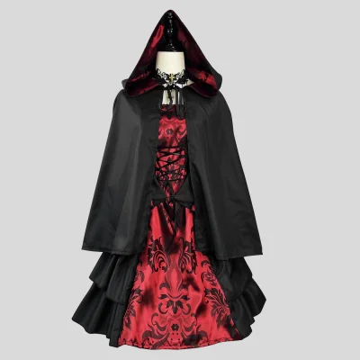 Gothic Little Red Riding Hood Vampire Witch Dress Set with Detachable Hooded Cape Choker