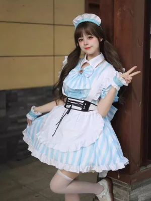 Light Blue Striped Alice Maid Costume Lolita Dress Lace-Up Corset Apron Cosplay Outfits Halloween Party Uniform