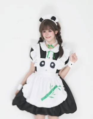 Kawaii Panda Maid Costume Bamboo Leaf Embroidered Apron Puff Sleeve Balloon Hem Lolita Dress Set