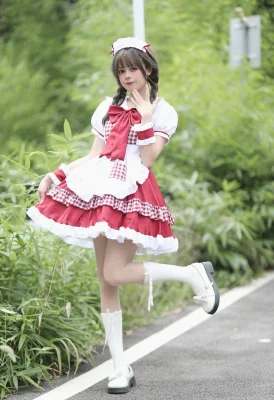 Classic Gingham Maid Uniform Set Red & White Plaid Cosplay Dress with Ruffled Apron and Accessories (S-5XL)