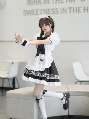 Classic Gingham Maid Uniform Set Black & White Plaid Cosplay Dress with Ruffled Apron and Accessories (S-5XL)