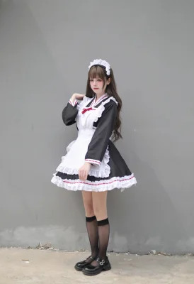 Japanese Kimono Maid Costume Flared Sleeve Cross Over Top Ruffled Apron Black Lolita Dress Set