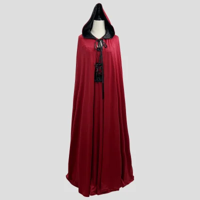 Dark Red Riding Hood Cosplay Costume Gown with Floor-Length Hooded Velvet Cape Set (S-5XL)