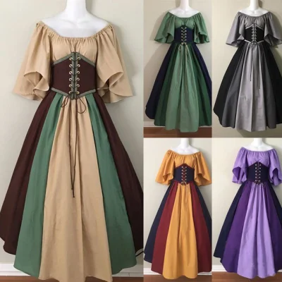 Medieval Renaissance Dress Off Shoulder Contrast Color Lace Up Cosplay Gown
