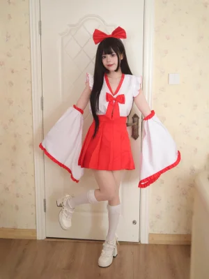 Japanese Miko Shrine Maiden Cosplay Costume Red White Anime Lolita Flared Skirt Outfits
