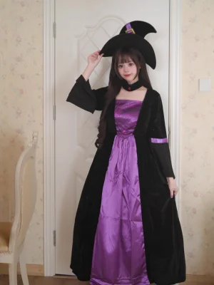 Gothic Halloween Witch Cosplay Gown with Hat Purple Spiderweb Velvet Trumpet Sleeve Dress (S-5XL)