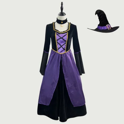 Gothic Halloween Witch Cosplay Gown with Hat Lace-up Gold Trim Velvet Sorceress Dress (S-5XL)