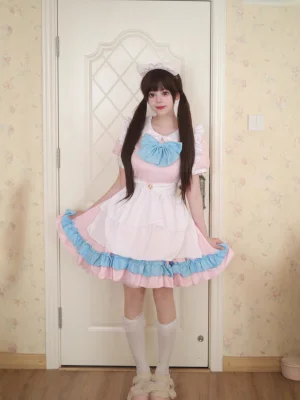 Kawaii Pink Pastel Maid Costume Anime Lolita Dress Ruffle Apron Cosplay Outfits Halloween Party Uniform Sets