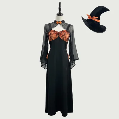 Neo-Chinese Gothic Witch Cosplay Costume Set with Sheer Mesh Shrug and Pointed Hat (S-5XL)