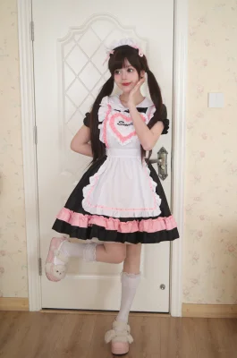 Classic Black White Maid Costume Smile Heart Embroidered Apron Lolita Dress Set