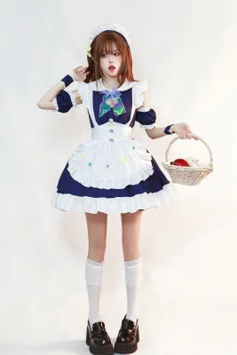 Navy Blue Oceanic Maid Costume Anime Lolita Dress Heart Cutout Cosplay Outfits Halloween Party Uniform Sets
