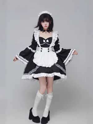 Classic Black and White Gothic Maid Costume Sheer Organza Overlayer Flared Apron Lolita Dress Detachable Sleeves Lace Choker Outfit