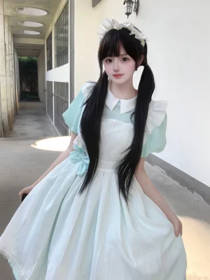 Sweet Mint Green Pastoral Maid Costume 5-Piece Set Textured Crinkle Peter Pan Collar Lolita Dress Crochet Lace Trim Apron Outfit