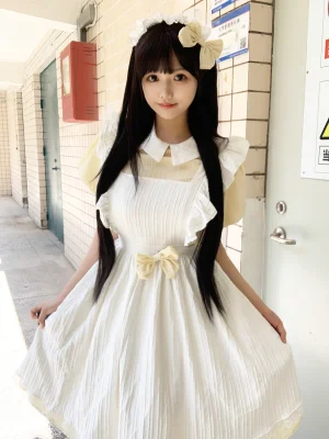 Sweet Cream Yellow Pastoral Maid Costume 5-Piece Set Textured Crinkle Peter Pan Collar Lolita Dress Crochet Lace Trim Apron Outfit