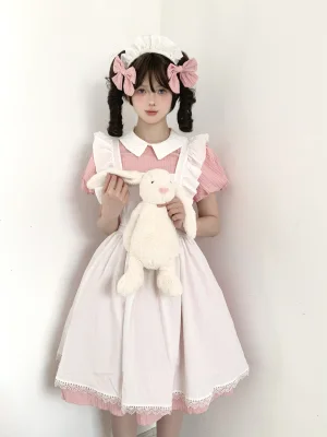 Sweet Pink Pastoral Maid Costume 5-Piece Set Textured Crinkle Peter Pan Collar Lolita Dress Crochet Lace Trim Apron Outfit