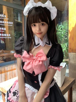 Kawaii Cat Paw Maid Costume Pink Stripe Apron Dog Bone Cosplay Uniform Set