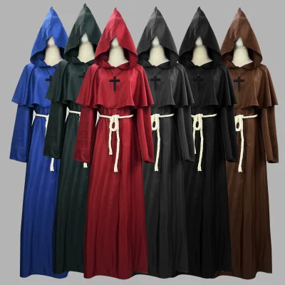 Medieval Monk Friar Robe Cosplay Costume with Hooded Cowl Rope Belt Cross Necklace Set (S-5XL)