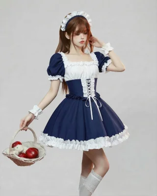 Dark Navy Nun Maid Costume Cross Apron Corset Lace Up Gothic Lolita Dress Detachable Collar Wrist Cuffs Headband Set