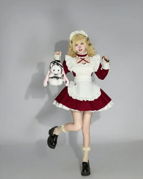 Sweet Gothic Wine Red Maid Lolita Cosplay Dress - Lace Ruffled Puff Sleeve Uniform 6-Piece Full Set with Heart Lock Apron & Choker