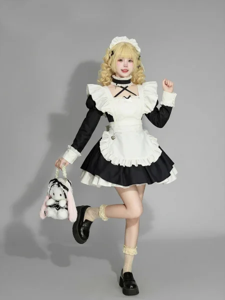 Sweet Gothic Maid Lolita Cosplay Dress - Lace Ruffled Puff Sleeve Anime Costume 6-Piece Full Set with Heart Lock Apron & Choker