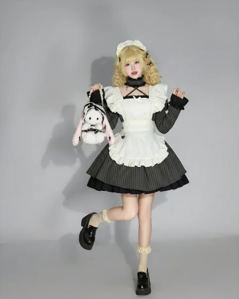 Sweet Striped Maid Lolita Cosplay Dress - Lace Ruffled Puff Sleeve Anime Costume 6-Piece Full Set with Heart Lock Apron & Choker