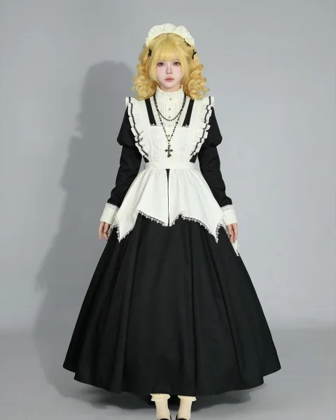 Classic Victorian Long Maid Lolita Dress - High Neck Puff Sleeve Cosplay Costume 3-Piece Set with Ruffled Apron & Headband