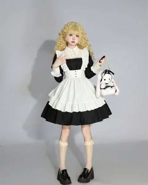 Classic Mid-Length Maid Lolita Dress - Pointed Collar Puff Sleeve Cosplay Costume 3-Piece Set with Buttoned Ruffle Apron & Headband