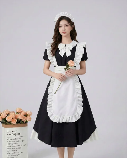 Classic Long Maid Lolita Dress - Short Puff Sleeve Round Collar Cosplay Costume 4-Piece Set with Tiered Flared Skirt & Apron