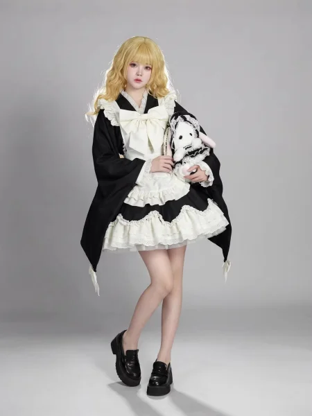 Japanese Kimono Maid Costume Furisode Long Sleeve Lolita Tiered Ruffle Dress Cosplay Uniform Outfits