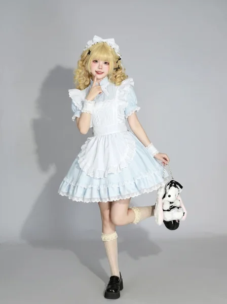 Pastel Pastel Maid Costume Lolita Dress Multi-Tiered Lace Ruffle Apron Cosplay Outfits Sweet Cafe Uniform Pink Blue