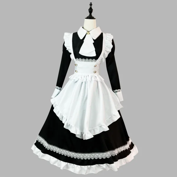 Black Long Sleeve Maid Costume Lolita Maxi Dress High Waist Girdle Apron Cosplay Outfits Classic Cafe Uniform