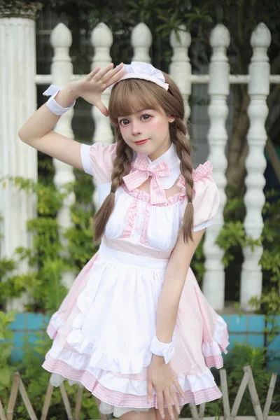Kawaii Pink Gingham Lolita Maid Dress Pastel Plaid Cosplay Costume Japanese Anime Cafe Serving Uniform Flared Gothic Party Wear