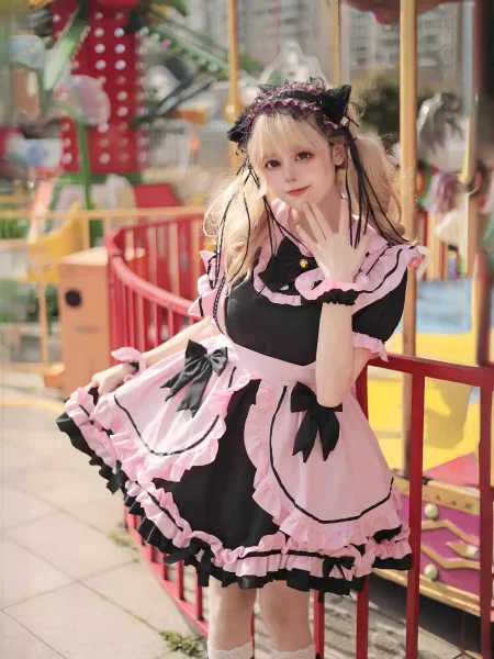 Sweet Lolita Pink & Black Maid Dress Cosplay Costume with Ruffled Cross Back and Bell Details