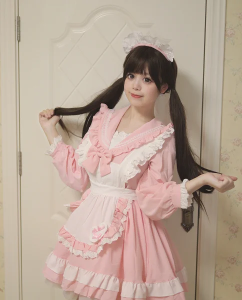 "Sakura Parfait" Sweet Pink Sailor Collar Maid Dress Pastel Anime Kawaii Cosplay Costume