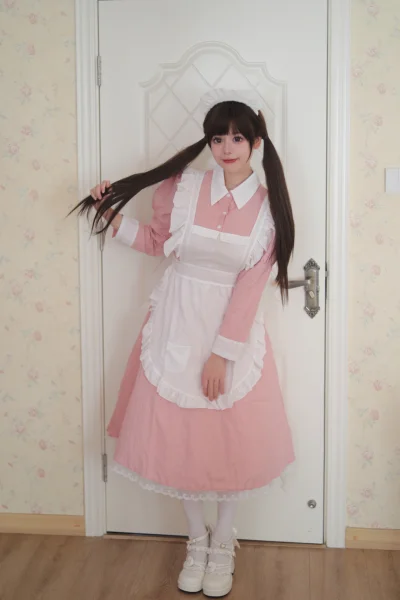 "Classic British" Pastel Pink Long Maid Dress Sweet Lolita Vintage Cosplay Costume Full Set with Ruffled Apron & Headpiece
